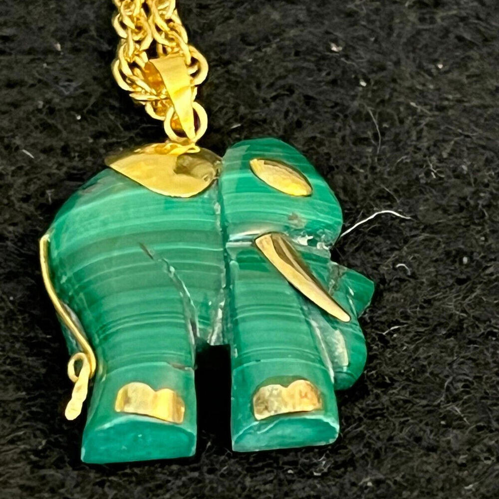 Malachite Elephant Gold Pendant on Chain Necklace